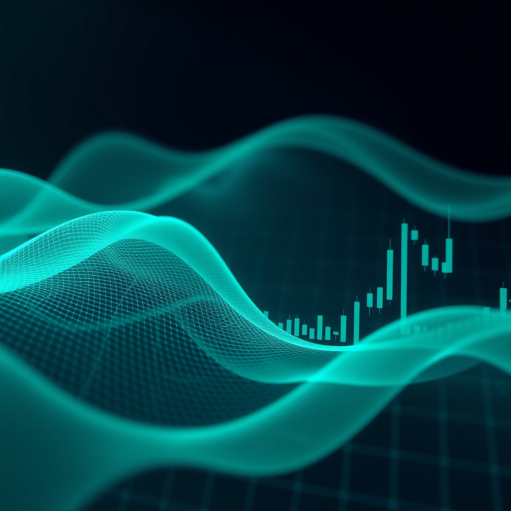 Abstracte visualisatie van financiële data in navy en groene tinten.